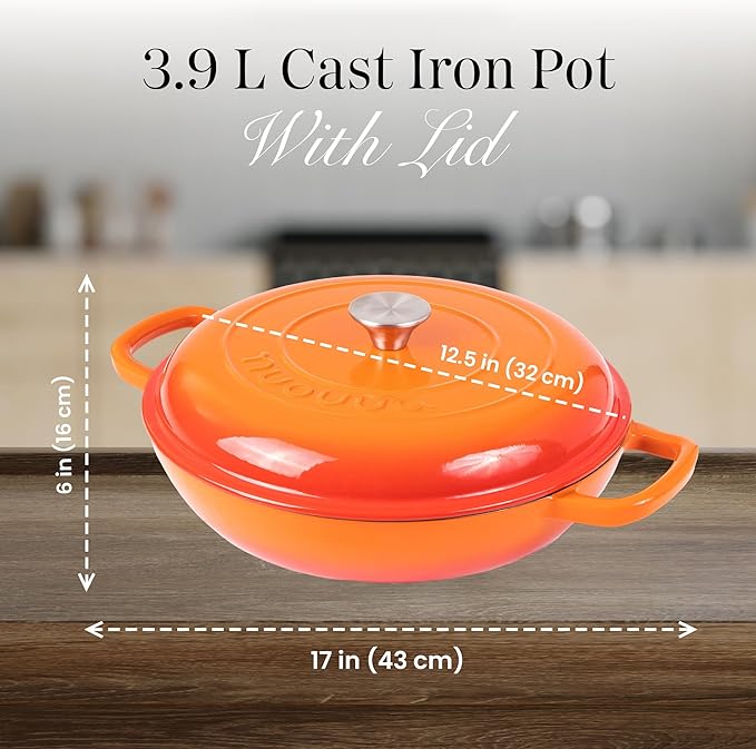 Shallow Cast Iron Casserole with Lid – Non Stick Dutch Oven Pot, Oven Safe up to 500° F – Sturdy Ovenproof Stockpot Cookware – Enamelled Cooking Pot – Orange, 5-Quart, 32cm – by Nuovva