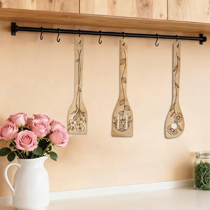 6Pcs 6 Styles Bamboo Cooking Utensils Floral Wooden Spoons 2.4 x 11.8 Inch Durable Kitchen Wood Spoons Set for Men Women Friends Housewarming Birthday Gift Wedding Apartment Essentials