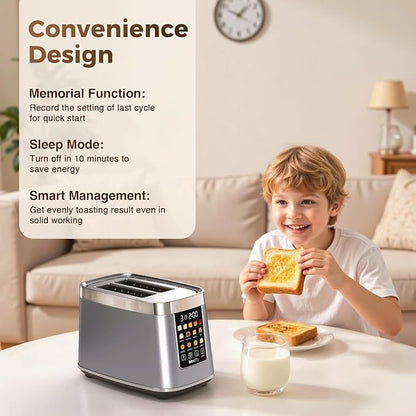 Mecity Motorized Toaster 2 Slice with Touch Screen, Stainless Steel Smart Toaster, 8 Bread Types, 5 Shade Levels, 1200W High Power, Keep Warm Mode, Reheat Defrost Functions, 120V