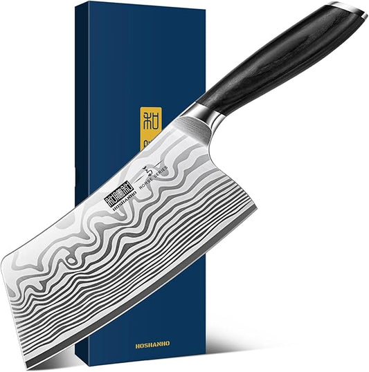 HOSHANHO Cleaver Knife 7 Inch, Razor Sharp High Carbon Powder Steel Meat Cleaver, Professional Butcher Chopper Kitchen Knife for Meat Cutting Vegetable Slicing