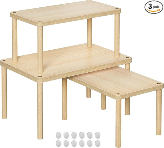 HYPIGO Cabinet Storage Organizer Shelf, Set of 3 Kitchen Cabinet Shelves, Stackable Cabinet Risers, Spice Rack Organizer for Countertop, Under Sink, Bathroom, Pantry Organization with Non-Slip Mat