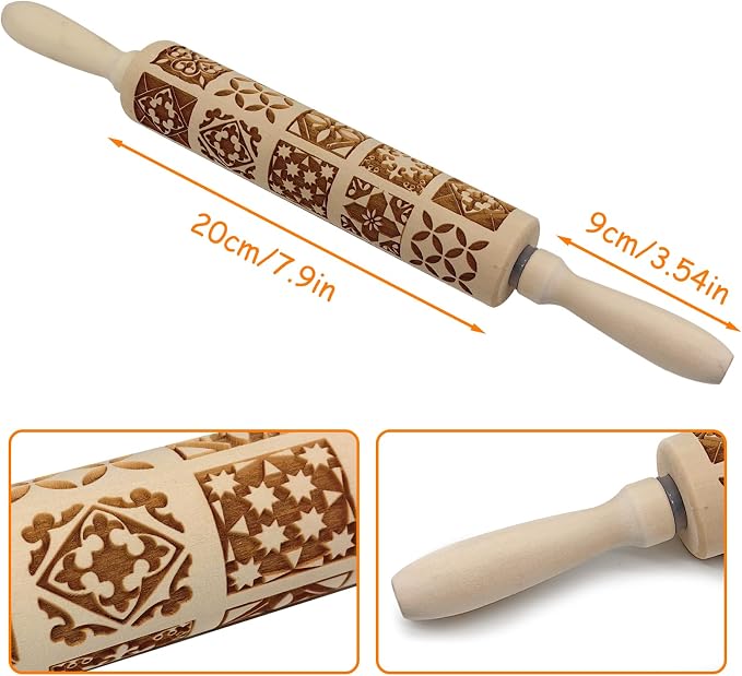 Embossed Rolling Pin - 3D Wooden Engraved Christmas Square Deep Laser Engraved DIY Tool for Kids and Adults to Make Cookie Dough Crusts Pies Pastry