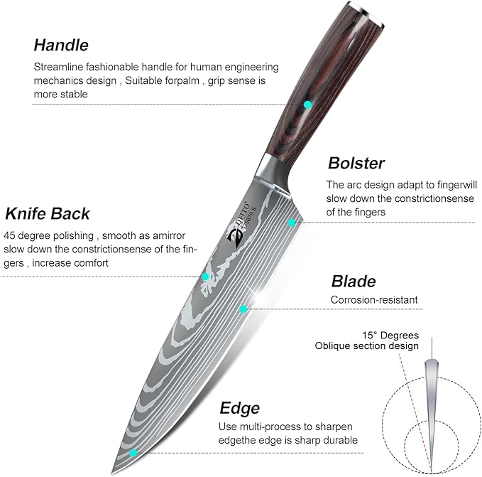 Dfito Chef Knife Sets with Roll Bag, 9 Pieces Professional Knife Set, High Carbon Stainless Steel Kitchen Chef Knife Set, Red Pakkawood Handle, Dishwasher Safe