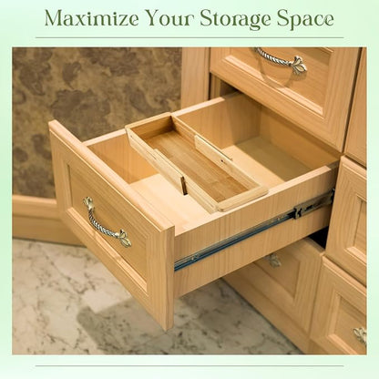 LemonRoad 2 Pcs Sliding Drawer Organizer 12.4-17.7 Inch Bin Bamboo Drawer Expandable Bins Utensil Organizer for Kitchen Spoons Forks Knives (Wood)