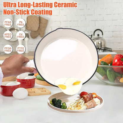 Nonstick Enameled Cast Iron Cookware - 3 enameled cast iron skillet 8-Inch, 9.5" Frying Pan & 11-Inch Large Cookware, Healthy Non Toxic Cooking Pan, PFOA PFAS PTFE Free, White