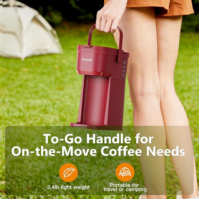 Tastyle K302 Single Serve One Cup Coffee Maker, for K Cups and Grounds, Mini Coffee Maker with Portable Handle, 6 to 12 Oz Brew Size, for Travel, Camping, Office, RV and Dorm, 120V, Vintage Red