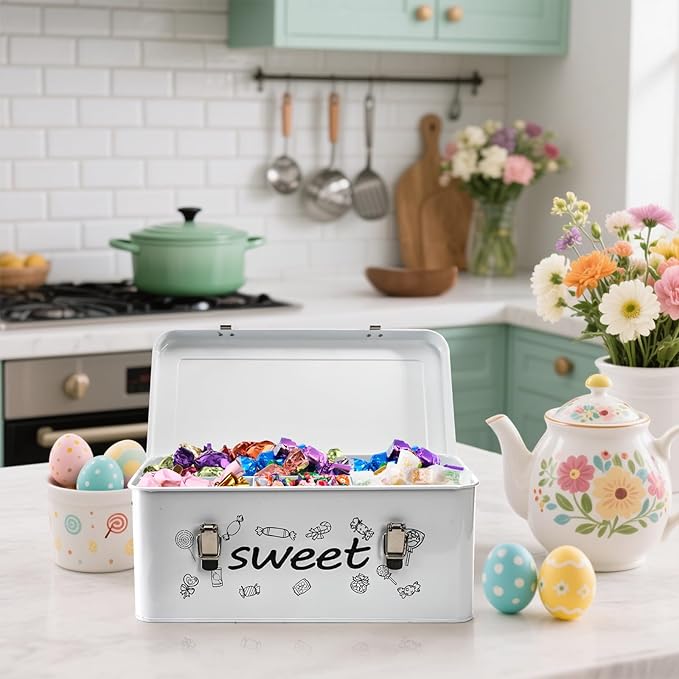 Frcctre Candy Storage Box, 4 Compartments Metal Candy Cookies Snacks Storage Tin Box with Lid Food Storage Container Farmhouse Kitchen Pantry Canister with Handle and Safety Lock