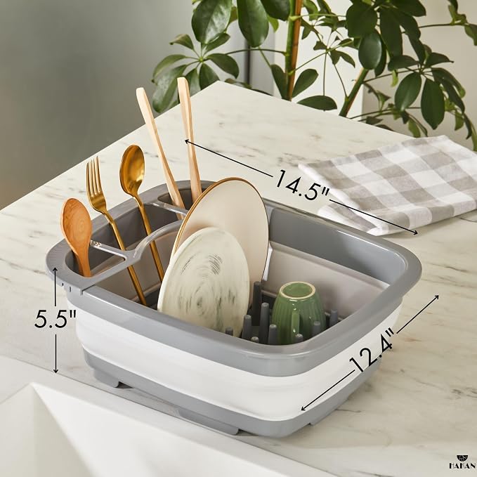 Hakan Collapsible Dish Drying Rack | Foldable Dish Drainer | Space Saving Kitchen Storage Tray Multipurpose Tub with Drain, 9L