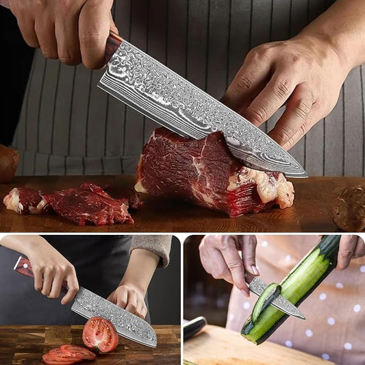 COOKLET'S Chef Knife Set, 3PCS Professional Japanese VG10 Damascus Steel Kitchen Knife Set Chefs Knife, Paring knife, Santoku Knives, G10 Handle, Super Sharp Cooking Knife Set for Home with Gift Box