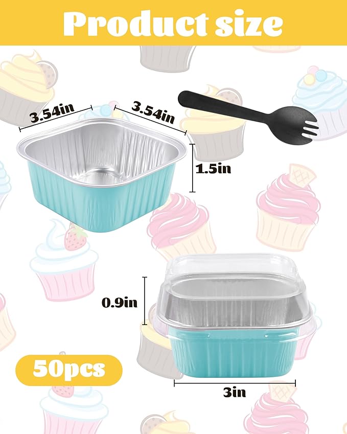 50 Pack 5oz Square Mini Cake Pans with Lids and Spoons,Aluminum Foil Baking Cups,Disposable Mini Loaf Pans Ramekins for Brownie, Cheesecake, Mousse & Wedding Party Favors-blue