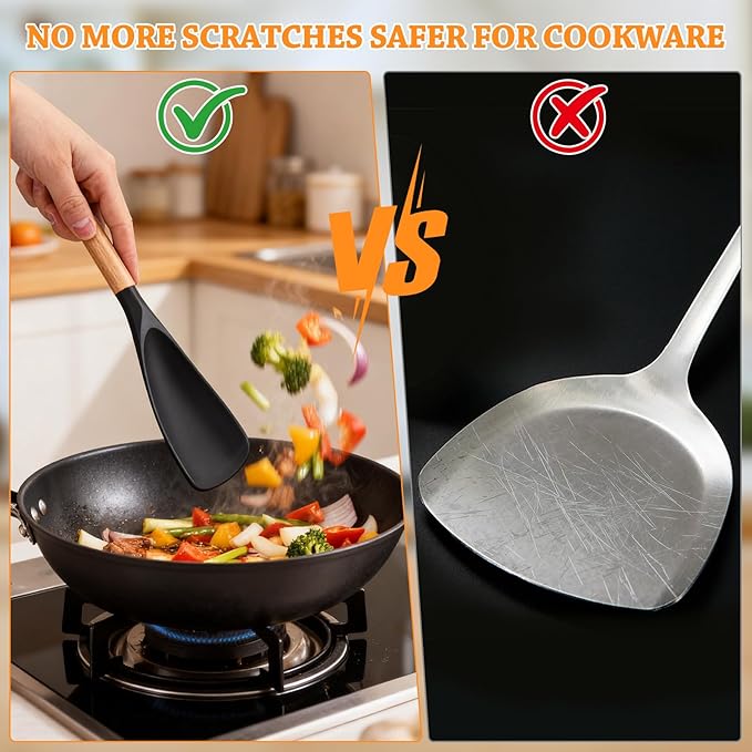 Silicone Cooking Spoon for Nonstick Cookware, 2-Pack Wooden Handle Spatula Spoon for Mixing, Scooping, Scraping and Serving, Safe for Pots Pans Skillets