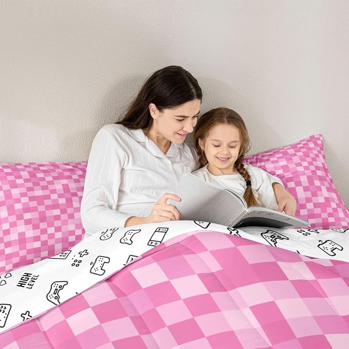 Manfei Pixelated Style Kids Comforter Toddler Size,Geometric Square Grid Quilt Set for Kids Boys Girls Bedroom Decor,Video Games Miners Bedding Set,Pink Duvet Insert,1 Pillowcase