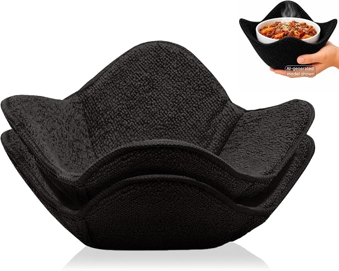 Set 2X Black 7" sq. x 4"H Polyester Microwave Bowl Holder Potholders - Microwavable Soup Bowl Cozy - Hot Pads Holders for Hot Food Quilted - Bowl Cozies for Microwave Kitchen Accessories, Gadgets