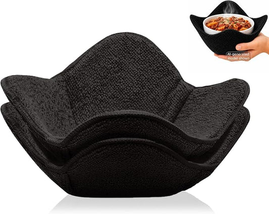 Set 2X Black 7" sq. x 4"H Polyester Microwave Bowl Holder Potholders - Microwavable Soup Bowl Cozy - Hot Pads Holders for Hot Food Quilted - Bowl Cozies for Microwave Kitchen Accessories, Gadgets
