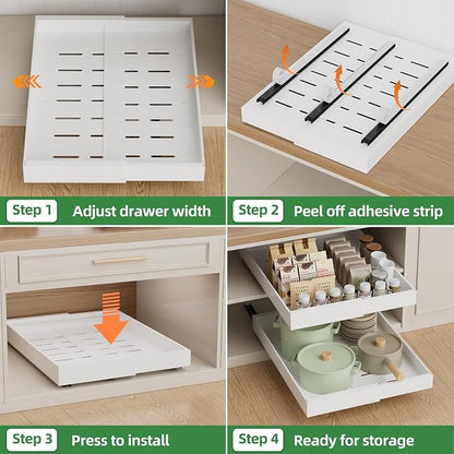 PAKETA 4 Pack Expandable Pull Out Cabinet Organizer, 21'' Deep Pull Out Drawers for Cabinet, Upgrade 3 Slide Rails Sliding Drawers for Cabinets with Adhesive Nano Film (White, 21"D X 9-14"W)