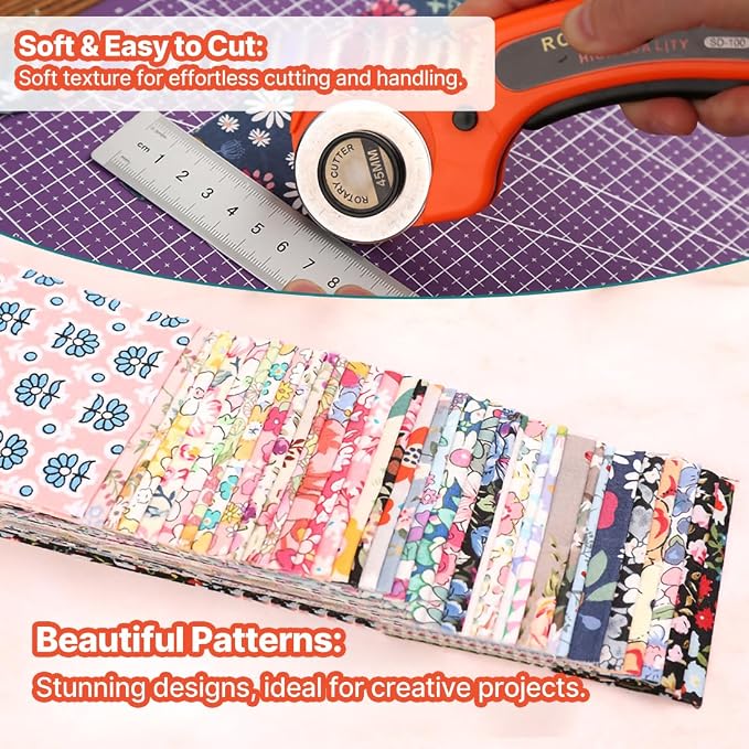 40 Pcs Jelly Roll Fabric Strips for Quilting, Sewing Supplies DIY Crafts-2.6 Inch Precut Cotton Fabric Bundles, Perfect for Quilt Projects Floral Patchwork Blue