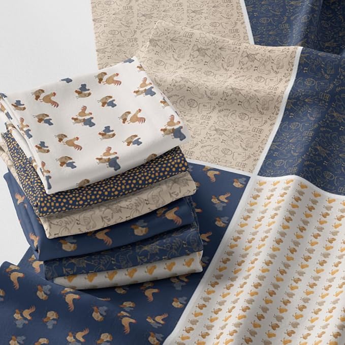 Farm Patchwork Fabric Panel 100x155 cm – 100% Cotton Satin, 6 Coordinated Chicken & Rooster Prints on One Continuous Sheet for Quilting, Sewing & DIY Crafts (Rustic Farm Mix, 6pcs 50x50cm)