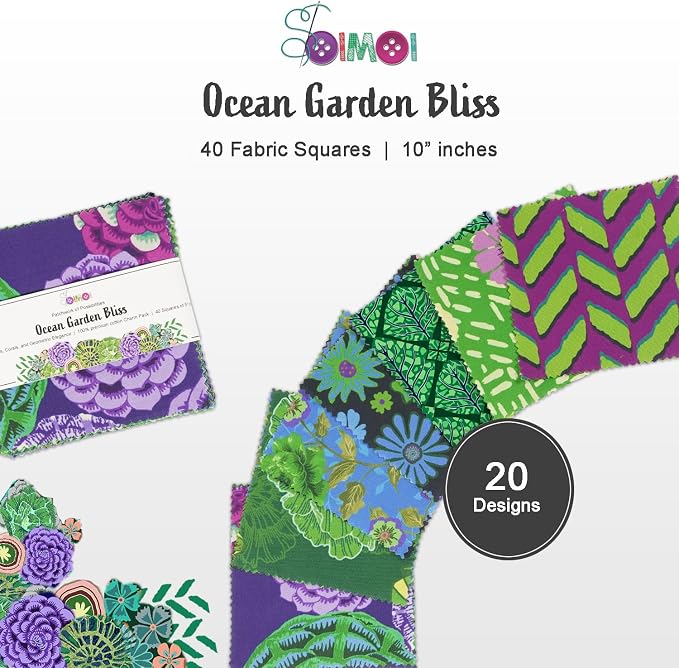 Soimoi 40 Pcs 10 x 10 inches Quilting Fabric Bundles Precut, DIY Cotton Fabric Squares, Printed Layer Cakes Patchwork Materials for Crafts Cloths Decor,Charm Squares for Quilts- Ocean Garden Bliss