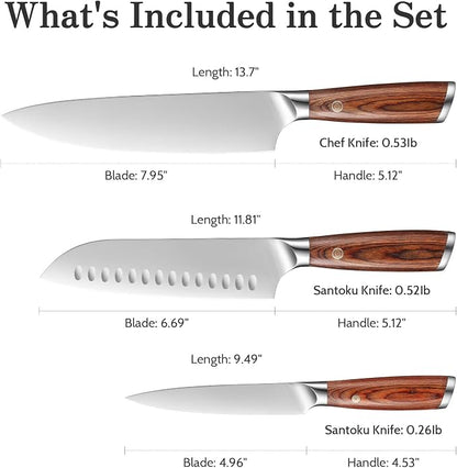Kitchen Knife Set, 3 Pieces Japanese High Carbon Stainless Steel Chef Cooking Knife Set, Ultra Sharp Professional Chef Santoku Utility Knives (Silver)