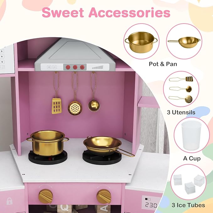 Costzon Corner Kids Kitchen Playset, Wooden Toy Kitchen Set w/Lights & Sounds Range Hood, Ice Maker, Pretend Telephone, Sink, Faucet, Microwave, Oven, Play Kitchen for Kids 3+ (Pink+Golden)