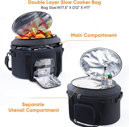 Double-Layer Slow Cooker Carrying Bag for 6-8 Quart CrockPot and Hamlton Beach Slowcooker, Travel Bag with Lid Fastener for Crock-pot, Portable Carrier with See-throught Window (BAG ONLY)