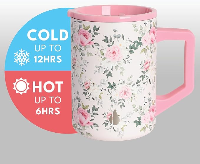 Elemental Insulated Coffee Mug - Triple-Wall Stainless Steel Summit Travel Cup for Hot and Cold Drinks - Thermal Coffee Mug with Lid and Handle for Camping, Office & Travel 16oz - Rose Garden