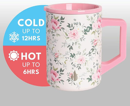 Elemental Insulated Coffee Mug - Triple-Wall Stainless Steel Summit Travel Cup for Hot and Cold Drinks - Thermal Coffee Mug with Lid and Handle for Camping, Office & Travel 16oz - Rose Garden