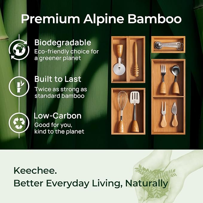 keechee 6-Piece Bamboo Drawer Organizer Set, 2.2" Deep Multi-Use Organizers for Utensils, Silverware, Cutlery, Desk, Bathroom, Junk Drawer & Makeup, Non-Slip Feet Included.