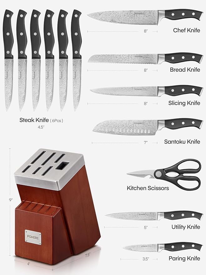 Knife Set, FOHERE 14 Pieces Self Sharpening Knife Block Set, Waved Pattern High Carbon Stainless Steel Knife Set, Rust & Stain Resistant Kitchen Knives and Triple Riveted Handle, Reddish Brown