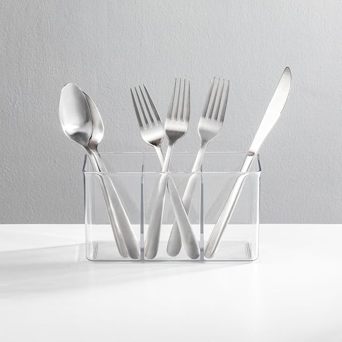 mDesign Plastic Cutlery Storage Organizer Bin for Kitchen Cabinet, Pantry/Home - Holds Forks, Knives, Spoons - 3 Section - Indoor or Outdoor Use - Clear