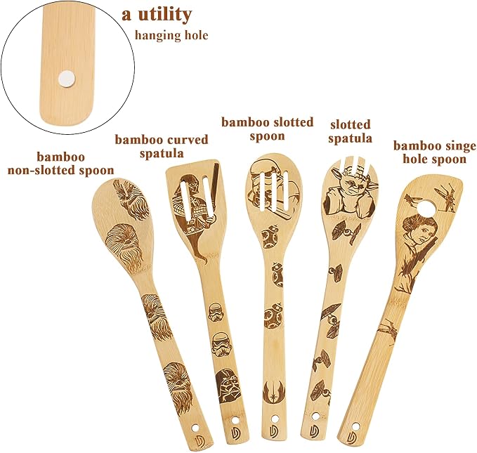 5 PCS Star Cooking Spoons - Burned Wooden Spoon Carved, Organic Bamboo Utensils, Star Gifts for Women Premium Quality Cooking Gifts for Housewarming and Wedding