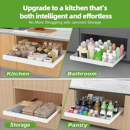 ANTOWIN 1Pack Expandable Pull Out Cabinet Organizer 16.5"Deep (12.2"-20.5" Width), Slide Out Drawers for Kitchen Cabinets, Roll Out Shelves Adhesive with 3-Layer Steel, for Cabinets Without Lip, White