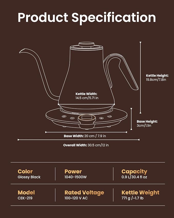 INTASTING Gooseneck Electric Kettle, ±1℉ Temperature Control, Stainless Steel Inner, Quick Heating, for Pour Over Coffee, Brew Tea, Boil Hot Water, 1500W/0.9L (Glossy Black)