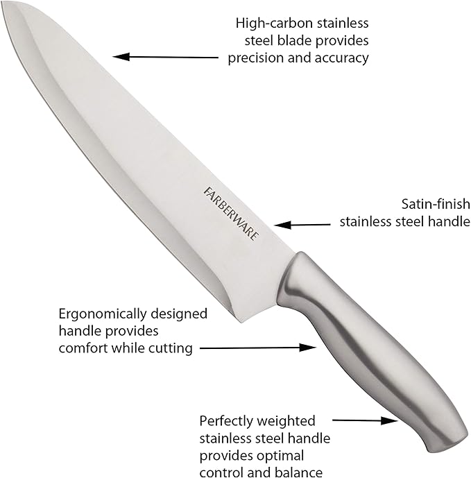 Farberware 15-Piece Stamped Stainless Steel Knife Block Set, High-Carbon Stainless Steel Kitchen Knife Set with Ergonomic Handles, Razor-Sharp Knives with Wood Block, 15-Piece Set, Graphite