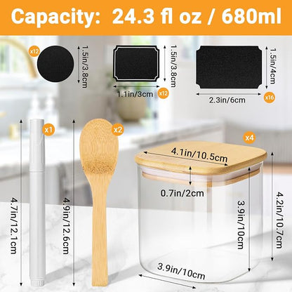 Glass Jar with Lid, 4 Pack 24 Fl.oz Square Glass Containers with Bamboo Lids, Food Jars Pantry Storage Canister for Sugar, Coffee Bean, Tea, Snacks, Cookie - Included Labels, Marker and Spoon