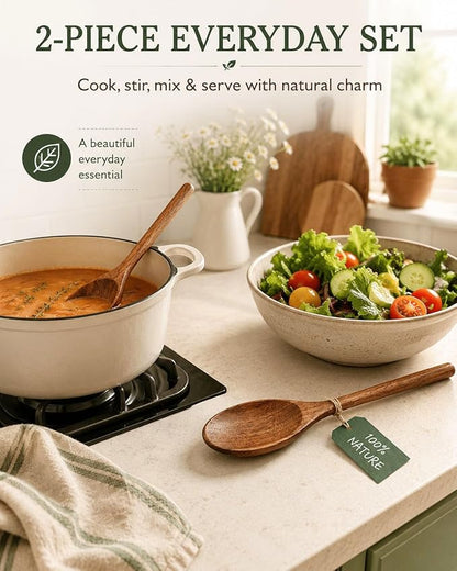 Wooden Cooking Spoons, 2-Piece Acacia Wood Kitchen Utensil Set, 12-Inch Large Mixing Spoons for Nonstick Cookware, Comfort Grip, Durable Natural Wood Spoons