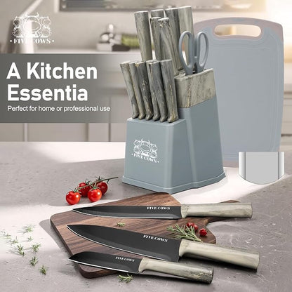 16-Piece Kitchen Knife Block Set with Cutting Board - German Stainless Steel Knives, Built-In Sharpener, Dishwasher Safe, Anti-Slip Handle - All-in-One Cutlery Set for Home/Kitchen (Blue)