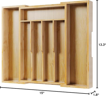 Kitsure Silverware Organizer - Expandable Bamboo Kitchen Drawer Organizer for Cooking Utensils and Cutlery, Sturdy & Thickened Kitchen Organizers and Storage Solution, Medium, Natural