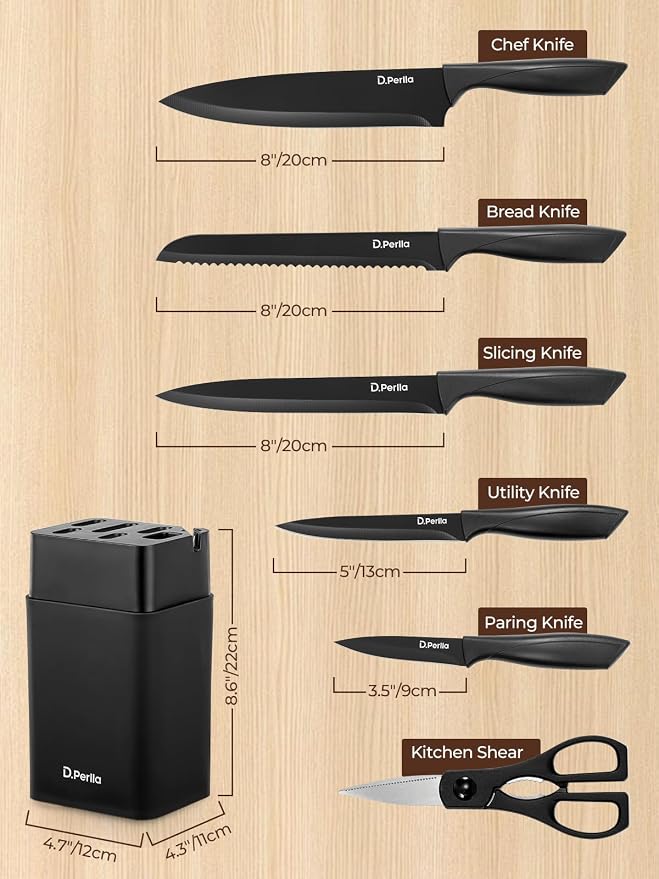 Knife Set, D.Perlla 8-Piece Kitchen Knife Set with Built-in Sharpener, Dishwasher Safe Non-stick & Non Rust, Black Coating Stainless Steel Knife Block Set, Sharp Chef Knives with Universal Knife Block