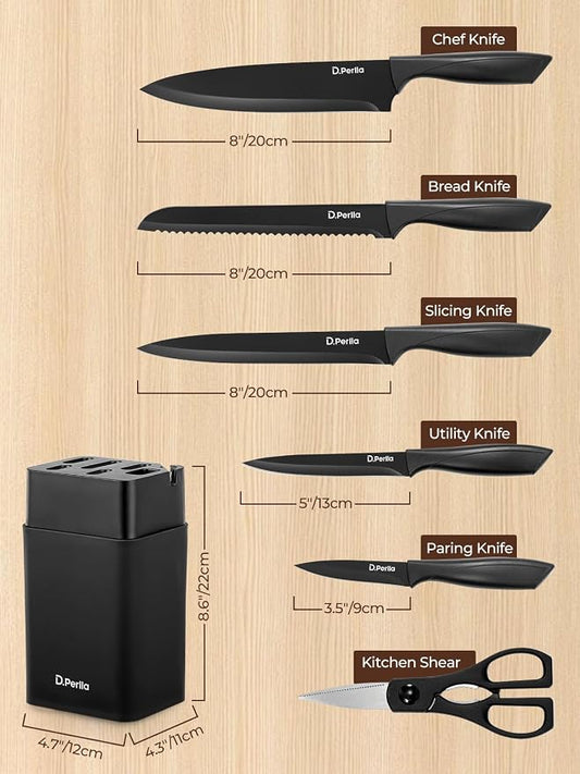 Knife Set, D.Perlla 8-Piece Kitchen Knife Set with Built-in Sharpener, Dishwasher Safe Non-stick & Non Rust, Black Coating Stainless Steel Knife Block Set, Sharp Chef Knives with Universal Knife Block