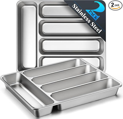 IKOCO 2-Pack Silverware Organizers Stainless Steel Kitchen Drawer Organizer with 5 Compartments, Dishwasher Safe for Spoons Forks Knives (13.8”x11.4”x1.6, Silver)