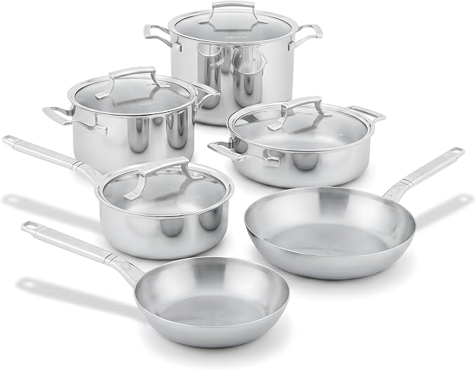 10-Piece Triply Stainless Steel Cookware Set - Fully Clad Pots and Pans Set with 8 Qt Pasta Pot, Saute, Saucepan, Frying Pan - Non Toxic Cookware - Induction, Dishwasher & Oven Safe
