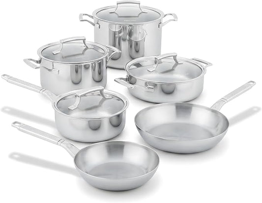 10-Piece Triply Stainless Steel Cookware Set - Fully Clad Pots and Pans Set with 8 Qt Pasta Pot, Saute, Saucepan, Frying Pan - Non Toxic Cookware - Induction, Dishwasher & Oven Safe