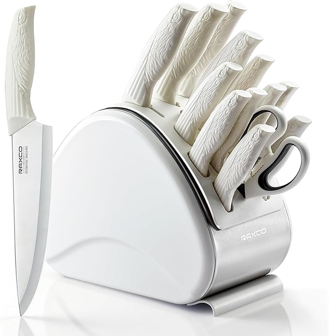 RAXCO 15-Piece Kitchen Knife Set with Block, White | Stainless Steel Blades, Ergonomic Handles. 15-Pc in Modern Block With Built-in Sharpener.