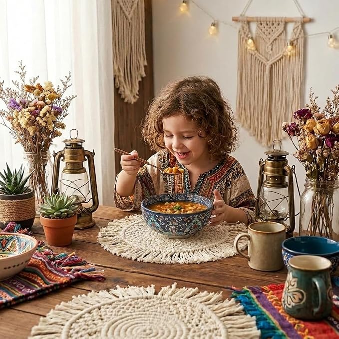 glowworm Cereal Bowls, 26 Oz Ceramic Soup Bowls Set of 4, Kitchen Bowls for Rice, Oatmeal, Fruit, Ice Cream, Dessert, Dishwasher & Microwave Safe, Bohemian