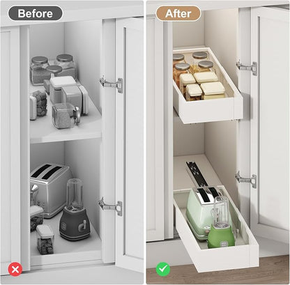Pull out Cabinet Organizer,Width (7"-11") and Depth (17"-24") Expandable,No Drill Adjustable Slide out Drawers for Kitchen,Pantry,Adhesive Roll out Shelves,for Cabinets Without Lip,White
