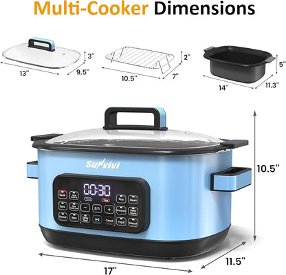 Sunvivi 12-in-1 Multi Cooker, 6.5QT Programmable Slow Cooker with Timer & Temp Control, Auto Warm Setting, Delay Start, Dishwasher Safe Lid & Removable Nonstick Crock, Stainless Steel Rack, Blue