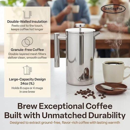SterlingPro Small Insulated Stainless Steel French Press Coffee Maker 34oz – Insulated Metal Double Wall Coffee Maker | Plastic Free | Cool-Touch | Mirror Finish | Makes up to 8 cups / 4 mugs