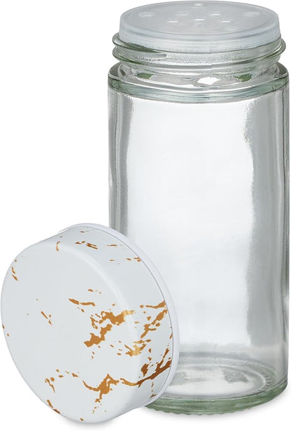 Relaxdays, White Spice Carousel, 20 Spice Jars, Shaker Insert, 360° Rotatable, Spice Bar, H x D 33.5 x 19 cm, Marble Look, Glass