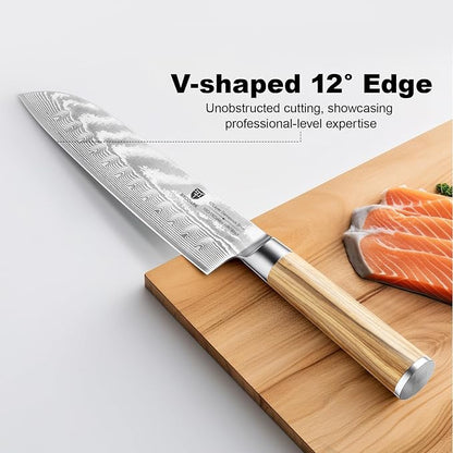 Damascus Santoku Knife 7 Inch: Japanese Kitchen Knife with Olive Wood Handle,High Carbon Stainless Steel Professional Chef Knife for Ultra Sharp Chopping,Gift Box